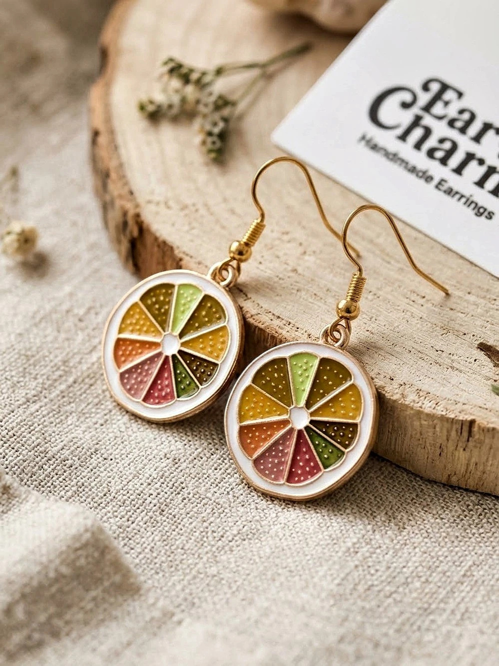 Citrus Fruit Slice Drop Earrings Gold & Multicolor